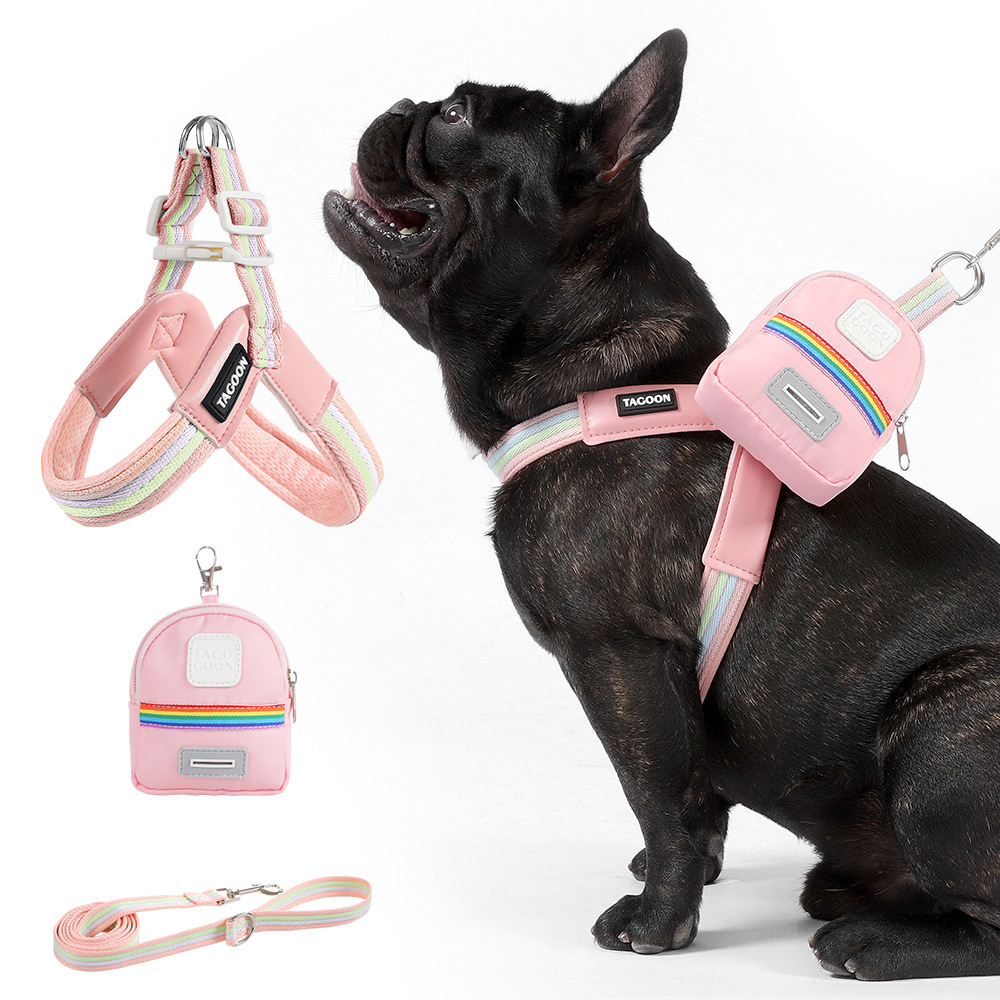 犬用Y字型ハーネス&リードセット 中小型犬向け 虹色レインボーカラー 軽量メッシュ素材 通気性抜群 首締め付けない 引っ張り防止 骨格圧迫しない快適設計 サイズ調整可能 着脱簡単 丈夫なPUレザー素材 お散歩が快適に