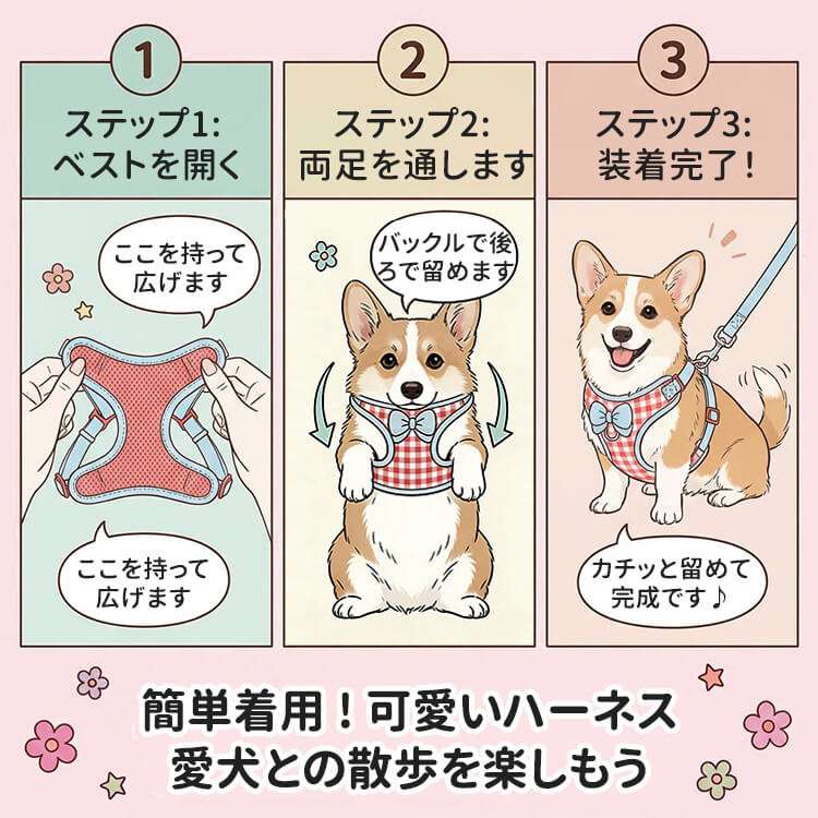 ハンドメイド 犬用ハーネス Lサイズ ドット リボン / 試作品① 犬用ハーネス｜抜けにくい・首元負担軽減・通気メッシュ｜散歩用｜3D