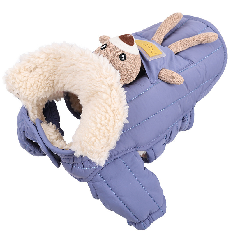 小型犬用極暖ダウン風ジャケット マジックテープ式 5秒着脱 軽量 ボア裏地フリース 防寒コート 韓国トレンド パステルカラー 写真映え 2WAYクマちゃん付き リード穴付き 袖口ゴム お手入れ簡単 ラムウール風素材-Giipet