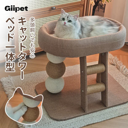キャットタワー コンパクト ベッド付き 多頭飼い対応 省スペース 全面サイザル麻 爪とぎポール はしご 麻縄ボール ひんやりマット付属 研ぎカスが出にくい 安定構造 簡単組み立て オールシーズン対応 猫用 遊び場 休憩所 ストレス解消-Giipet