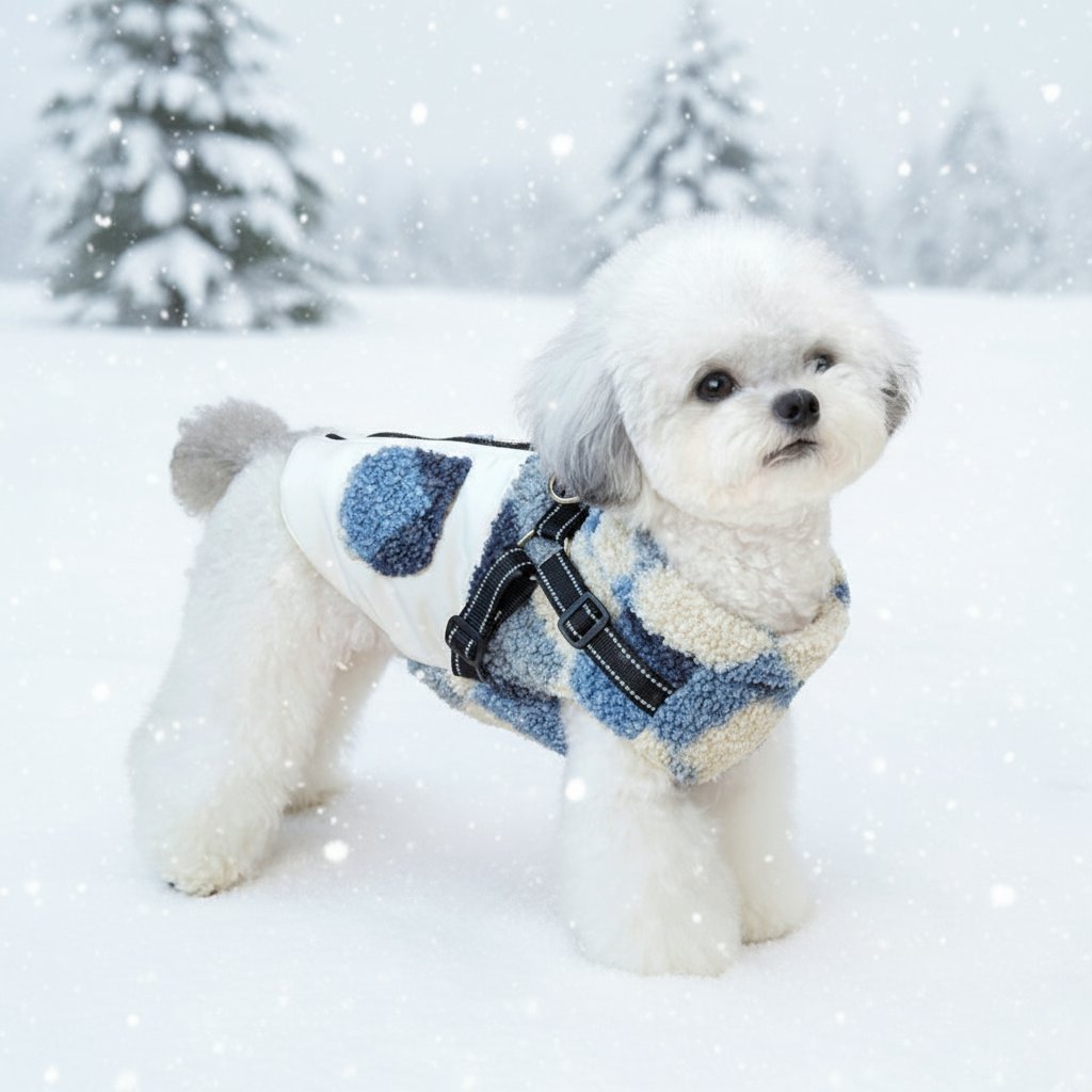 ハーネス一体型防寒ウェア 犬猫兼用 ドッグウェア 犬服 冬用 あったか保温 フリースボア 厚手ふわふわ 柔らか 360°反射材 夜間散歩安全 リードフック 1秒装着 締め付けゼロ ストレスフリー 外れにくい 汚れにくい 小中型犬 猫向け おしゃれ可愛い 寒さ対策 XS-XL-Giipet