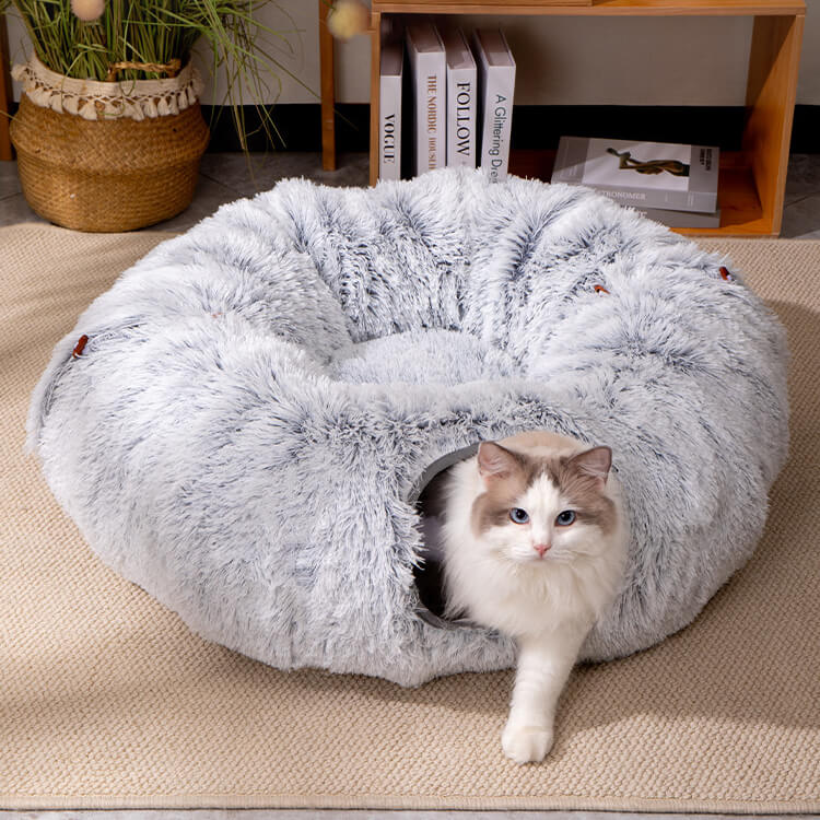 ふわふわトンネル猫ベッド 3WAY ドーナツ型 S字型 セパレート式 ラビットファー風 もこもこ 雲ごこち 丸洗いOK 滑り止め クッション付き 一年中快適 通気性 多頭飼い 子猫 シニア猫 小型犬対応 遊び場 隠れ家 ストレス解消 リラックス 体圧分散 背骨関節保護-Giipet