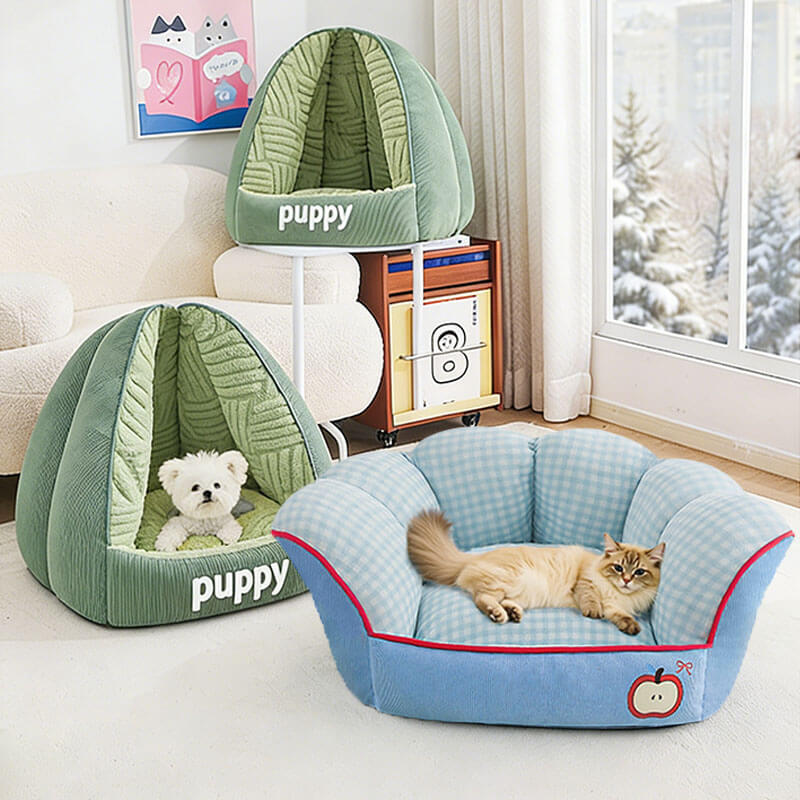多機能半密閉型ドッグハウス 2WAY変形ペットハウス ペットベッド 秋冬 オールシーズン あったか 保温 ぽかぽか 蓄熱 ふかふか 厚手コーデュロイ 冷気ブロック 洗える 取り外しクッション リラックス 癒し系 犬猫兼用 小型犬 中型犬 滑り止め コンパクト収納 インテリア映え-Giipet