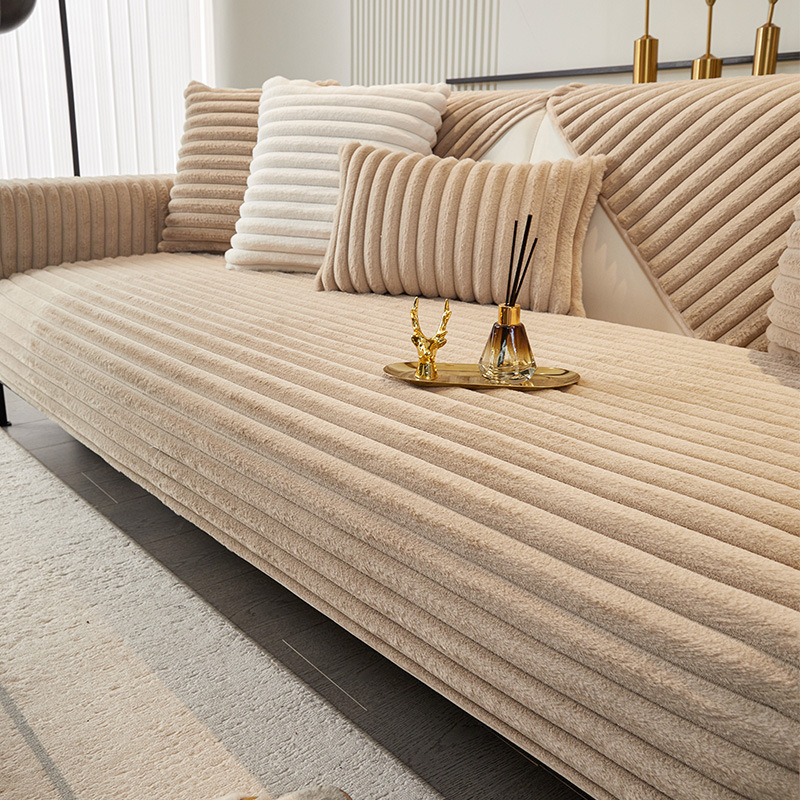 横ストライプソファカバー ラビットファー 厚手 ふわもこ ソファーパッド 吸湿発熱 蓄熱保温 静電気防止 抗菌防臭 滑り止め ズレない 丸洗いOK 犬猫 ペット用 汚れ防止 寒さ対策 おしゃれ 北欧 リビング 模様替え 全6色 1-4人掛け マルチカバー