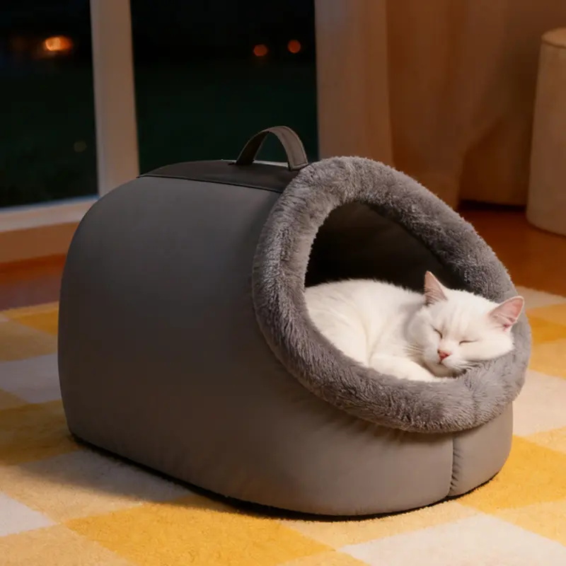 猫犬兼用厚手ドーム型隠れ家ベッド ふかふか もちもち 高反発 体圧分散 雲のような寝心地 保温防寒 あったか 秋冬用 洗濯機OK クッション分離式 お手入れ簡単 耐引っ掻き耐水 へたらない 型崩れしない 滑り止め 湿気対策 通気性 大型猫犬対応 S-XLサイズ 移動楽々 手提げ付き