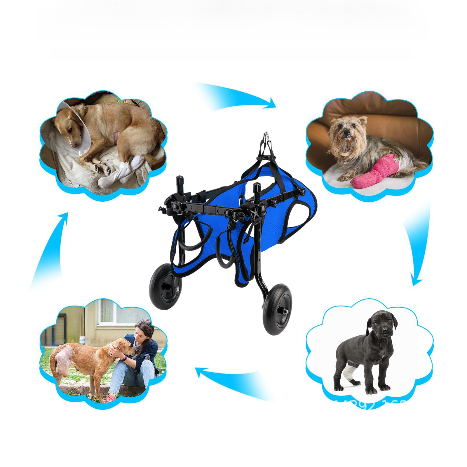 犬用車椅子 ペット用リハビリ歩行補助車 通気性メッシュ 金属フレーム 静音キャスター 後脚サポート 老犬・介護犬向け