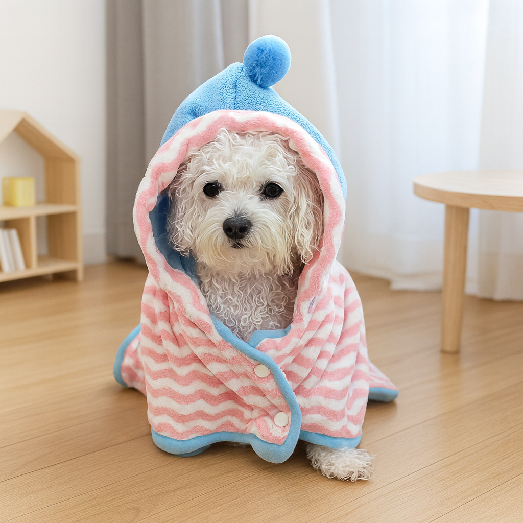 ペット用バスローブ フード付き ドライヤー時間短縮 タオル 吸水速乾 ふんわり フリース生地 マジックテープ 簡単着脱 体拭き ポンチョ 小型犬 中型犬 大型犬 子犬 子猫 ドッグウェア 猫服 お風呂上がり シャンプー後 パステルカラー かわいい 多サイズ展開-Giipet
