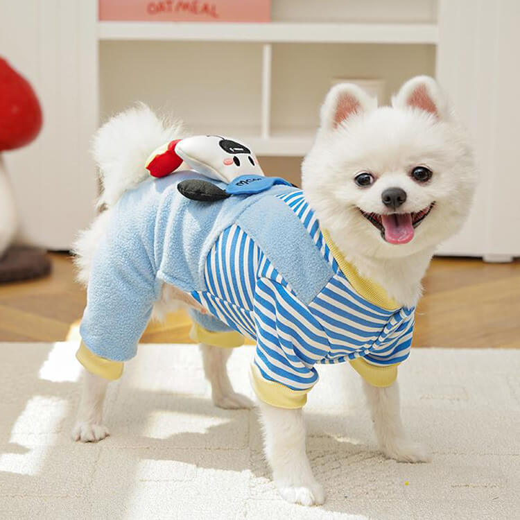 4足ペットウェア 犬服 猫服 ドッグウェア キャットウェア ストライプ柄 立体足型モチーフ 秋冬 防寒 保温 暖かい 発熱フリース 伸縮性抜群 ストレッチ 締め付けゼロ 着脱簡単 スナップボタン お散歩安心 毛玉防止 汚れにくい 小型犬 中型犬用-Giipet