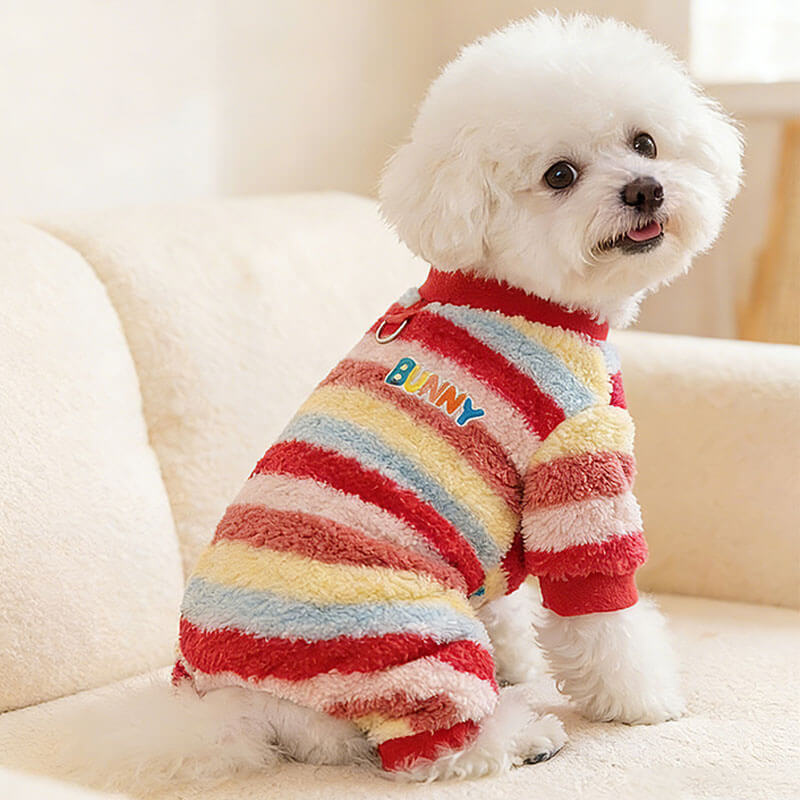 レインボー柄 もこもこ ロンパース ペットウェア 裏起毛 極暖 保温 Dカン付き ハーネス一体型 リード取付可 高伸縮 ストレッチ 着脱簡単 排泄を妨げない設計 抜け毛防止 犬猫兼用 防寒 お散歩 部屋着 パジャマ 静電気防止 丸洗いOK