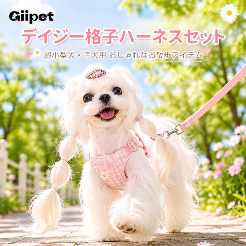 小型犬用デイジー柄ハーネス リードセット ベスト型 刺繍 チェック柄 メッシュ 通気性 蒸れない 立体裁断 ズレにくい 抜けにくい 色落ちしない 可愛い おしゃれ 散歩 ペット用品