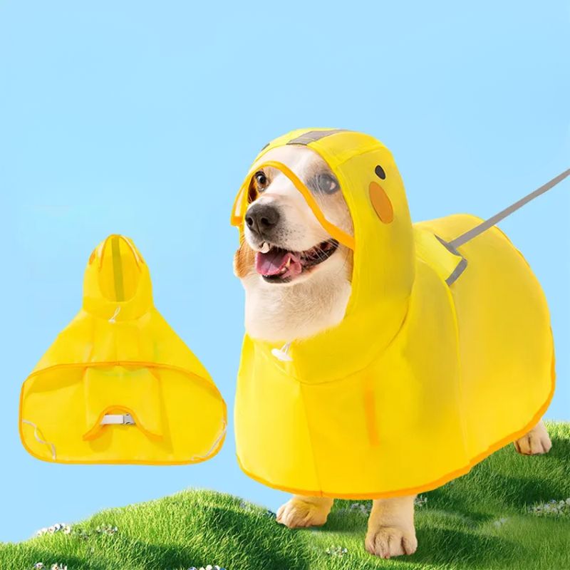 小型犬・中型犬用アヒル型レインコート ペット用防水雨具 完全防水TPU素材 反射ストライプ付き 雨の日お散歩快適 短足対応設計 引きずらない全体カバー 10秒簡単着脱 イエロー S〜XXL
