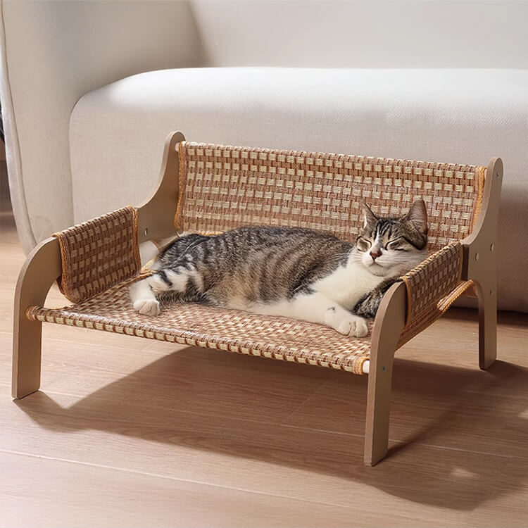 猫用ひんやりクールソファ 木製フレーム ワイドサイズ 麻/ラタン編み ローマ格子デザイン 多頭飼い ぽっちゃり猫 頑丈高耐荷重 爪とぎ 防水防汚 カビ防止 お手入れ簡単 長持ち ひんやり快適 年中使える猫ソファ