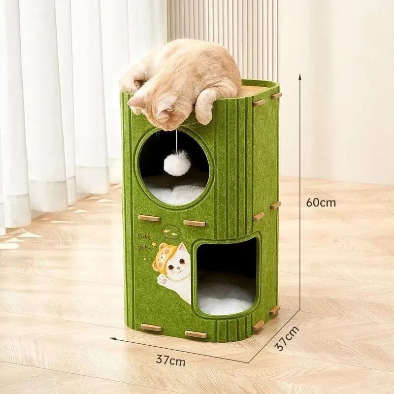 多段式猫用フェルトハウス 多機能キャットタワー 爪とぎ遊び場 猫ベッド休憩所 ふわふわボール付き 厚手耐久フェルト 大型猫 多頭飼いOK コンパクト設計 インテリア 組み立て簡単 小型スペース最適
