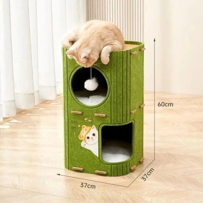 多段式猫用フェルトハウス 多機能キャットタワー 爪とぎ遊び場 猫ベッド休憩所 ふわふわボール付き 厚手耐久フェルト 大型猫 多頭飼いOK コンパクト設計 インテリア 組み立て簡単 小型スペース最適