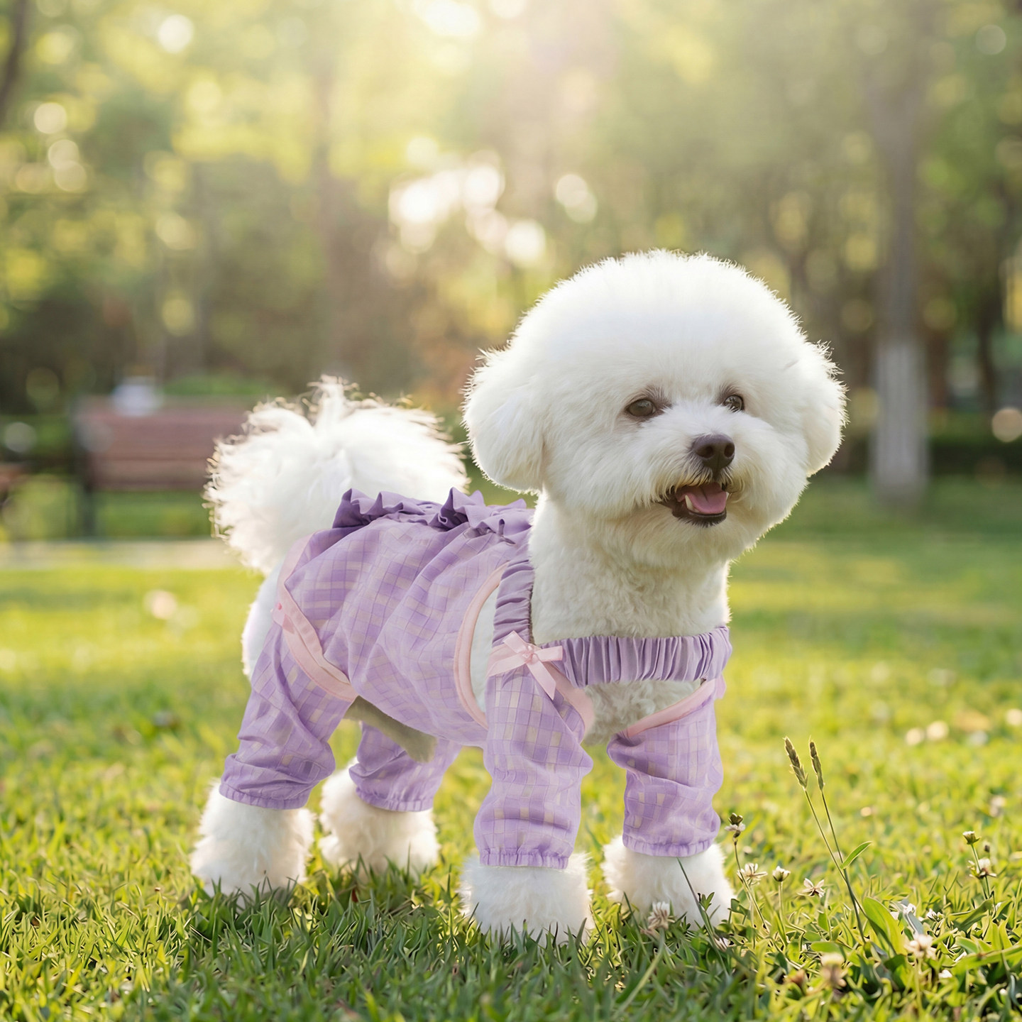 4本脚ロンパース フルカバー 犬服 夏用 つなぎ サロペット  防塵ウェア ドッグウェア 超軽量 通気性抜群 ムレにくい お腹カバー取り外し可能 防虫 防汚 抜け毛対策 散歩 リボン ギンガムチェック 小型犬 中型犬 ペット用品