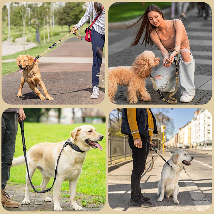ペット用ショック吸収リード 犬用ナイロンリード 衝撃吸収クッション付き 360°回転アルミバックル 反射材夜道安全 シートベルト対応 抜け出し防止 車内利用 中型犬 大型犬 手首負担軽減 トレーニング お散歩快適 2色展開
