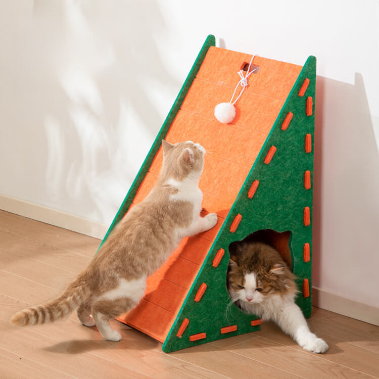 猫用フェルトハウス 多機能爪とぎタワー 隠れ家 三角形 自立式 9mm厚 耐久性抜群 一台三役 遊び・休憩・爪とぎ 組み立て簡単 家具保護 ストレス解消 ふわふわボール付き