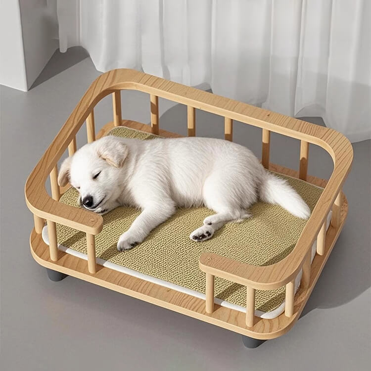 天然木製犬用ベッド 無垢材 ホルムアルデヒドフリー 高耐久 長持ち設計 爪とぎ一体 多機能 静音設計 四季対応 広々快適空間 3サイズ展開 ペットベッド 健康維持 負担軽減 安定感抜群 簡単お手入れ 汚れ対策