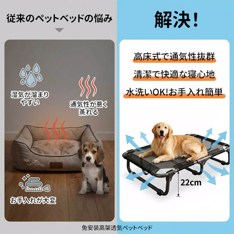 脚付きペットベッド  組み立て不要  コット メッシュ 犬 猫 完成品 高床式 通気性抜群 蒸れない 涼しい 夏用 湿気対策 地面離れ 洗える 頑丈 室内 屋外 アウトドア キャンプ オールシーズン 小 中型犬