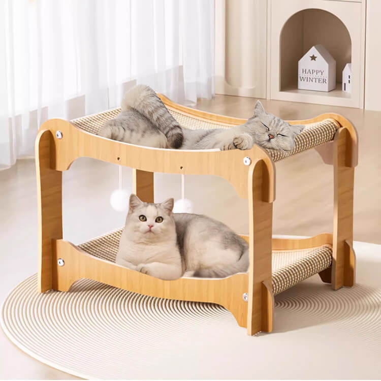 二層猫用爪とぎハウス 頑丈 安定感 木製フレーム サイザル麻製 一台二役の爪とぎベッド 多機能キャットハウス ぽっちゃり猫用 広々空間 ストレス解消 運動不足解消 年中快適