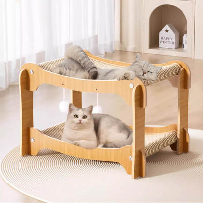 二層猫用爪とぎハウス 頑丈 安定感 木製フレーム サイザル麻製 一台二役の爪とぎベッド 多機能キャットハウス ぽっちゃり猫用 広々空間 ストレス解消 運動不足解消 年中快適