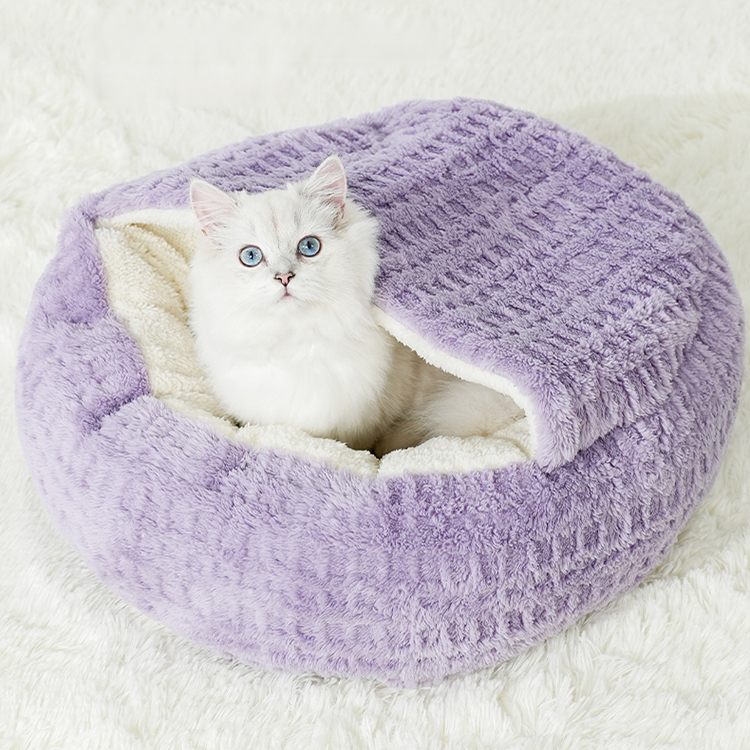 ソフトチェック柄 猫用シェル型ベッド 秋冬用 防寒保温 ふわふわフランネル なめらか肌触り PP綿たっぷり へたりにくい立体サポート ゆったり広々 冷気ブロック 圧迫感ゼロ 全年齢猫対応