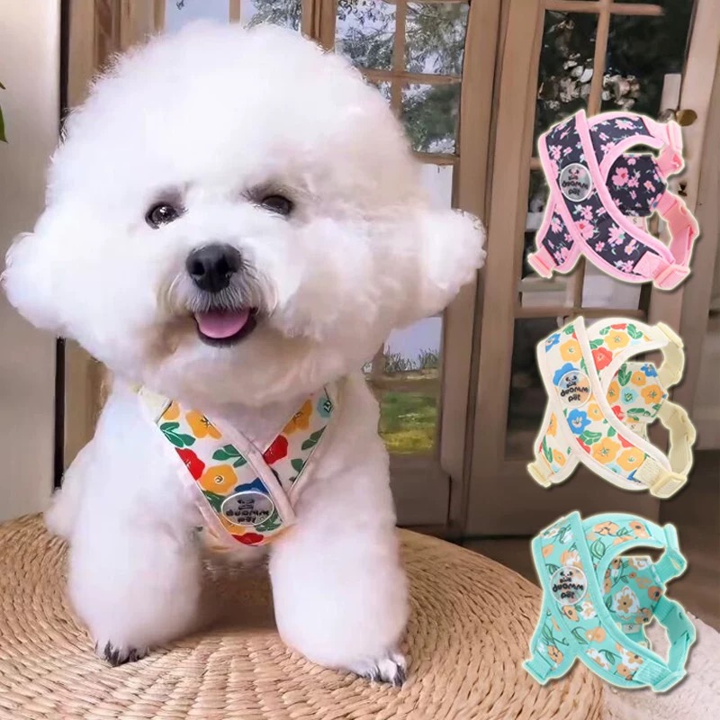 クロス型花柄ハーネスセット 犬用リード付き 春夏秋用 軽量 通気性抜群 X型デザイン 首に優しい 負担軽減 調節可能 反射材 おしゃれ 可愛い 小型犬 中型犬 大型犬 散歩 お出かけ 安心設計