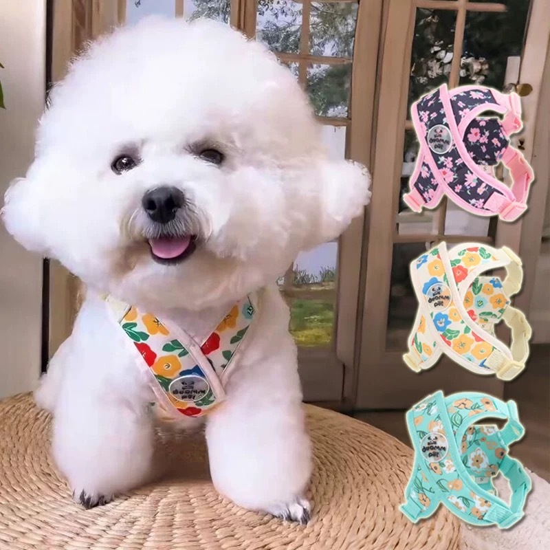 クロス型花柄ハーネスセット 犬用リード付き 春夏秋用 軽量 通気性抜群 X型デザイン 首に優しい 負担軽減 調節可能 反射材 おしゃれ 可愛い 小型犬 中型犬 大型犬 散歩 お出かけ 安心設計