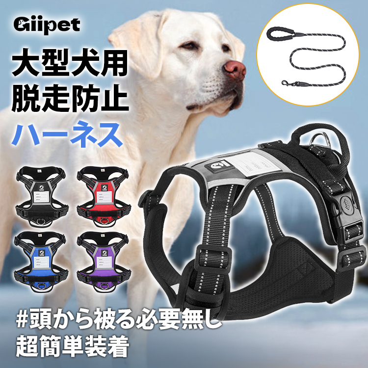 Giipet-大型犬用脱走防止ハーネス＆リード2点セット 反射機能付き安全ロック簡単装着 名札付き迷子防止 夜間対策 軽量オックスフォード生地 耐久性抜群 小型犬中型犬大型犬対応