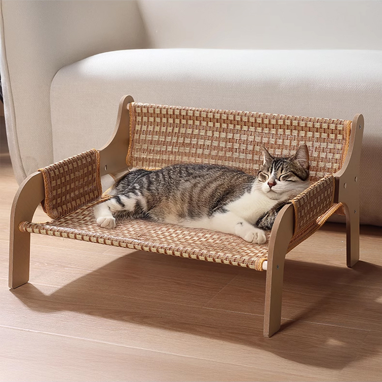 猫用ひんやりクールソファ 木製フレーム ワイドサイズ 麻/ラタン編み ローマ格子デザイン 多頭飼い ぽっちゃり猫 頑丈高耐荷重 爪とぎ 防水防汚 カビ防止 お手入れ簡単 長持ち ひんやり快適 年中使える猫ソファ