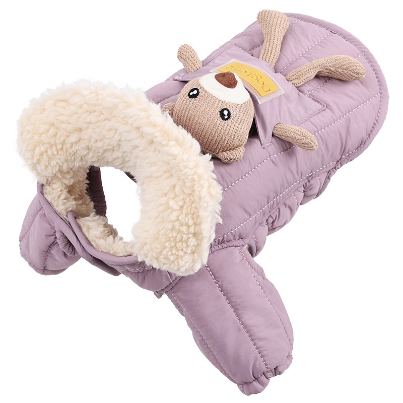小型犬用極暖ダウン風ジャケット マジックテープ式 5秒着脱 軽量 ボア裏地フリース 防寒コート 韓国トレンド パステルカラー 写真映え 2WAYクマちゃん付き リード穴付き 袖口ゴム お手入れ簡単 ラムウール風素材-Giipet