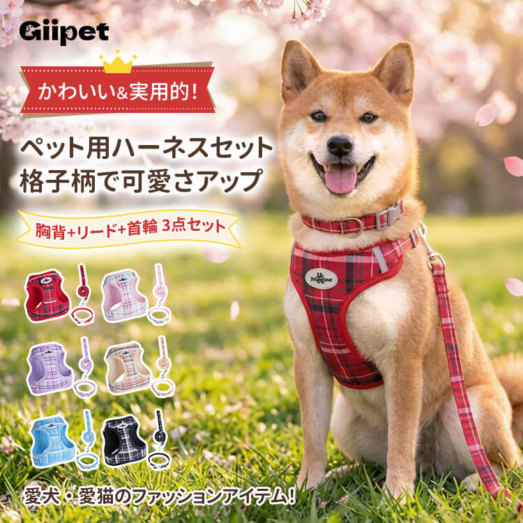 ソフトメッシュチェックハーネス 首轮 3点セット インスタ风 通気性 反射材付き 夜间安全 衝撃分散 ベルクロ调整 抜けにくい 小型犬 中型犬 猫 1.5-14kg対応 お散歩 お出かけ