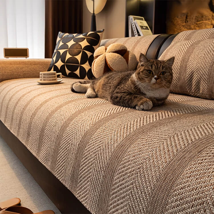 ヘリンボーンソファカバー オールシーズン対応 6Dシリコン滑り止め付き 猫の爪にも強い高耐久性 麻風デザインで肌触り快適 洗濯に強く色褪せ・縮みなし ダニ防止・抗菌 通気性抜群で蒸れない おしゃれ 12サイズ展開-Giipet