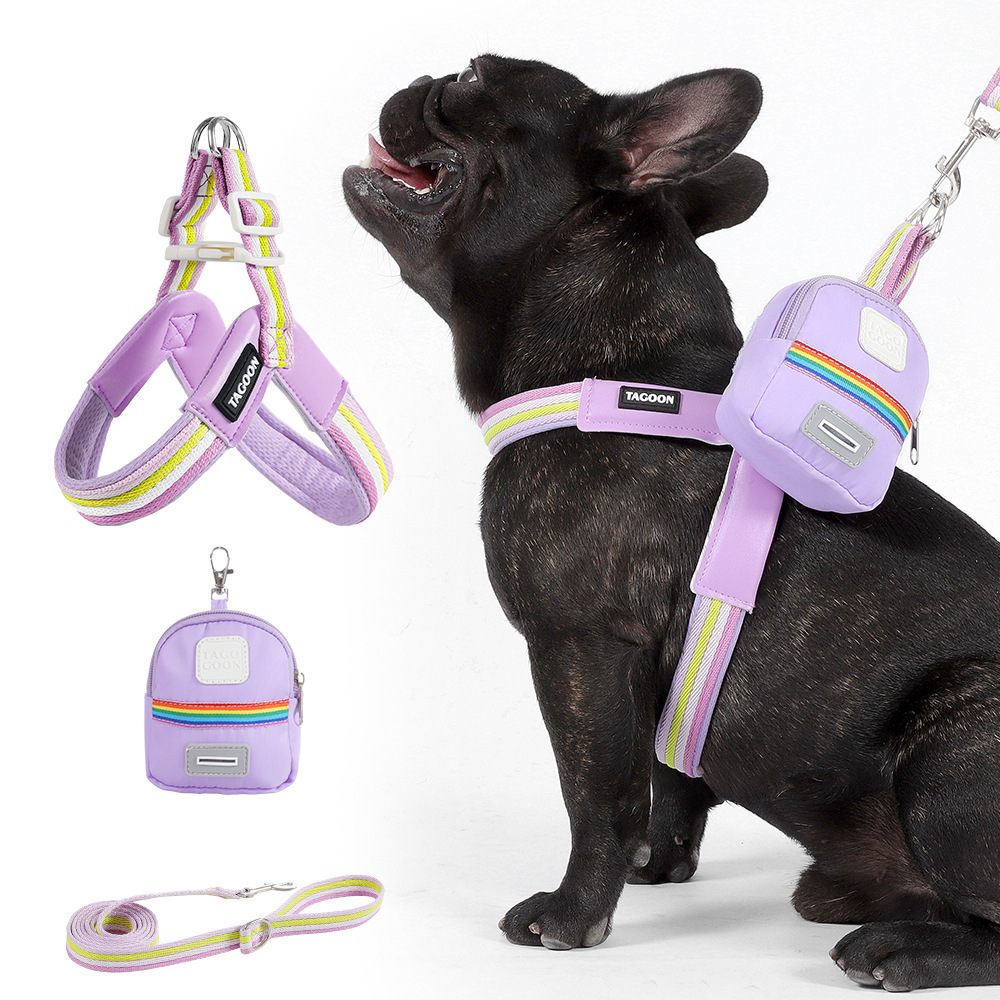 犬用Y字型ハーネス&リードセット 中小型犬向け 虹色レインボーカラー 軽量メッシュ素材 通気性抜群 首締め付けない 引っ張り防止 骨格圧迫しない快適設計 サイズ調整可能 着脱簡単 丈夫なPUレザー素材 お散歩が快適に