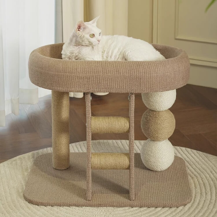 キャットタワー コンパクト ベッド付き 多頭飼い対応 省スペース 全面サイザル麻 爪とぎポール はしご 麻縄ボール ひんやりマット付属 研ぎカスが出にくい 安定構造 簡単組み立て オールシーズン対応 猫用 遊び場 休憩所 ストレス解消-Giipet