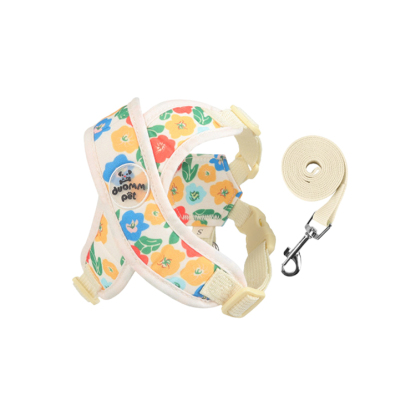 クロス型花柄ハーネスセット 犬用リード付き 春夏秋用 軽量 通気性抜群 X型デザイン 首に優しい 負担軽減 調節可能 反射材 おしゃれ 可愛い 小型犬 中型犬 大型犬 散歩 お出かけ 安心設計