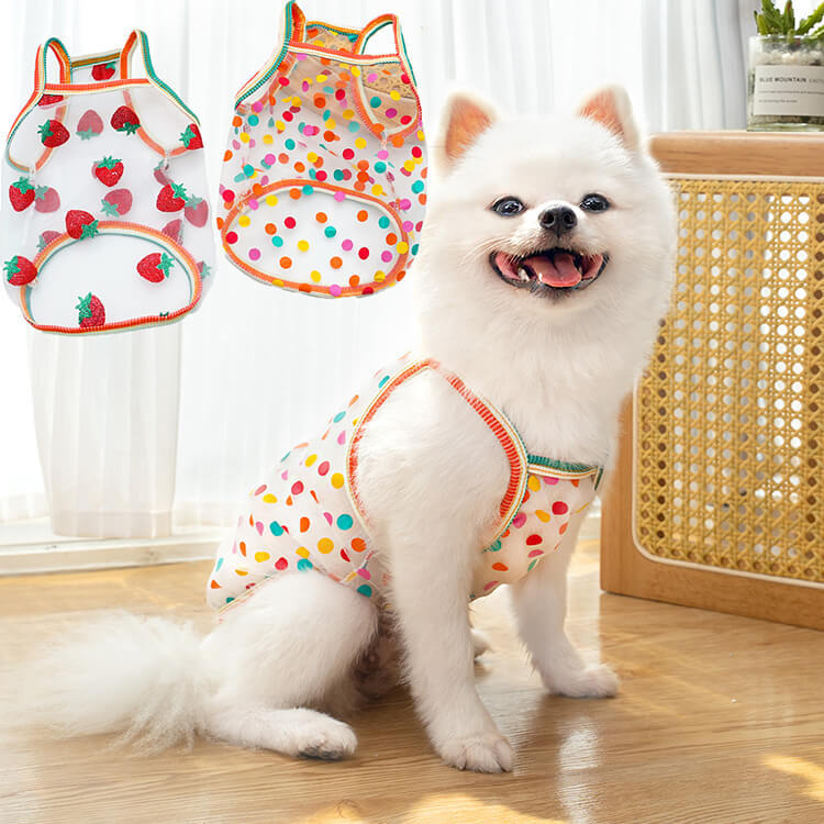 犬猫兼用カラフルメッシュUVウェア ひんやり接触冷感 防虫 いちご水玉柄 タンクトップ 犬服 猫服 春夏用 小型犬 中型犬 大型犬 ドッグウェア キャットウェア 蚊よけ ノミ対策 通気性 快適お散歩着