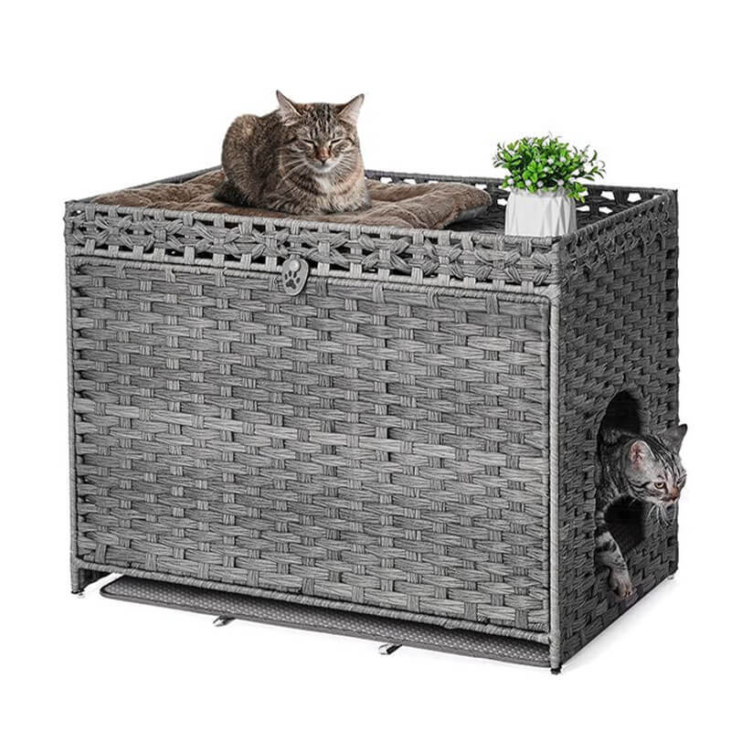 ラタン調 猫トイレカバー トイレ収納 キャットハウス 2段 二層構造 ペットベッド 2-in-1 猫用トイレ 隠す 爪とぎ 通気性抜群 防水 日焼け防止 目隠し 室内用 お手入れ簡単 インテリア おしゃれ 家具 快適空間