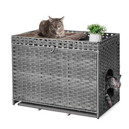 ラタン調 猫トイレカバー トイレ収納 キャットハウス 2段 二層構造 ペットベッド 2-in-1 猫用トイレ 隠す 爪とぎ 通気性抜群 防水 日焼け防止 目隠し 室内用 お手入れ簡単 インテリア おしゃれ 家具 快適空間
