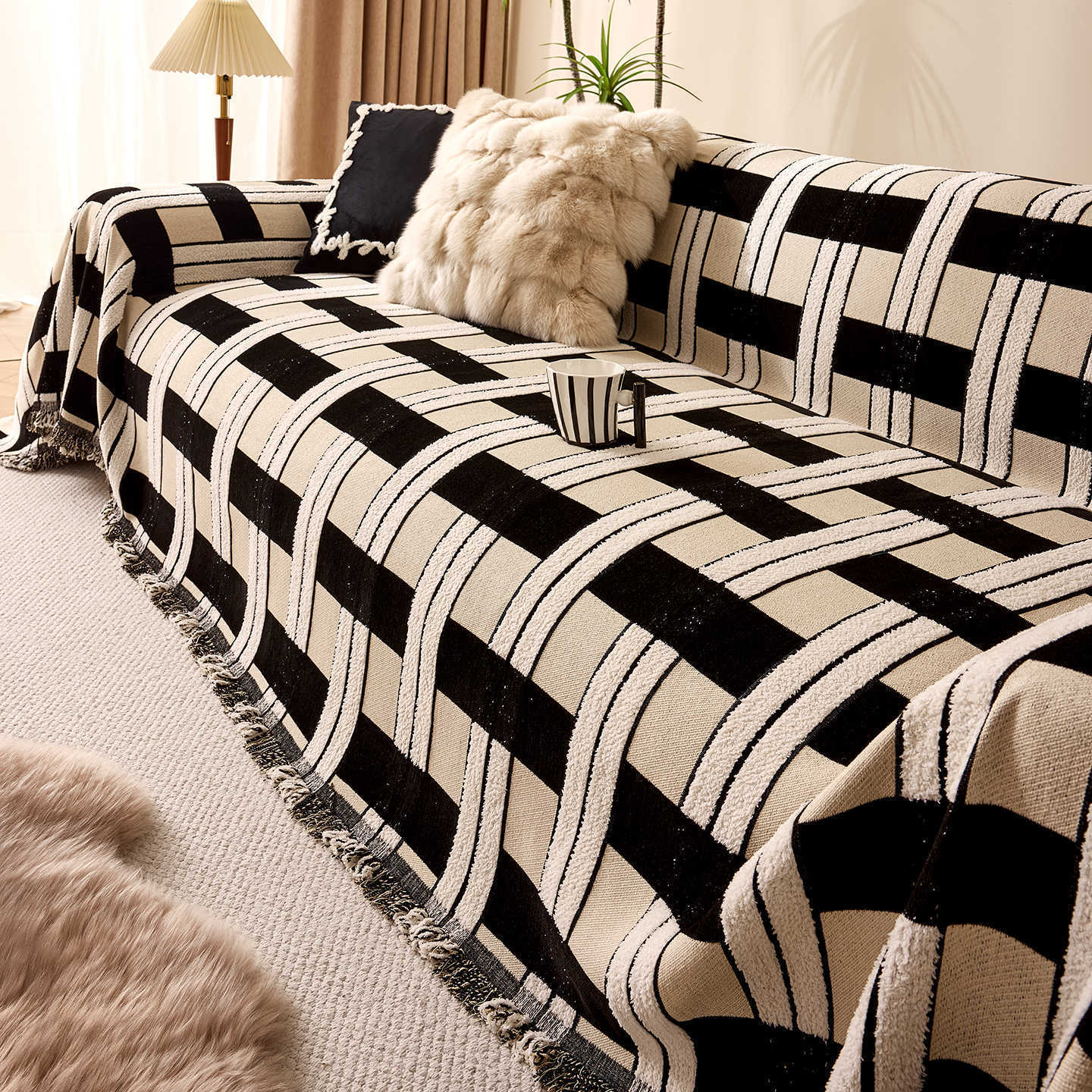 シェニール織り ソファカバー リバーシブル オールシーズン対応 高密度厚手 もちもちソフトな肌触り フリンジ付き 滑り止め効果抜群 犬猫対策 汚れ防止 上質ジャカード織り 多サイズ展開 3色・7サイズ展開-Giipet