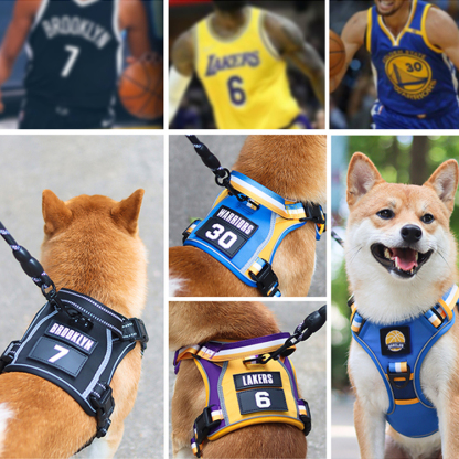 バスケ風犬用ハーネスリードセット 反射材 飛び出し防止設計 3秒着脱可能 スポーツ用エアレイヤー生地 通気性 肌触り抜群 マジックテープ カスタム対応 亜鉛合金バックル 小型 中型 大型犬用 ブラック/ブルー/イエロー3色展開