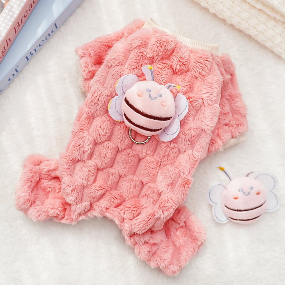 立体ミツバチ柄 4足ペットウェア 犬猫兼用 つなぎ 秋冬春用 防寒 保温 厚手 両面フリース ふわふわ とろける肌触り 伸縮性抜群 ストレッチ 着脱簡単 リードフック付き 締めつけゼロ 抜け毛・毛玉・色落ちなし 小型犬 中型犬 20kg以内 カラフル可愛い お散歩快適-Giipet