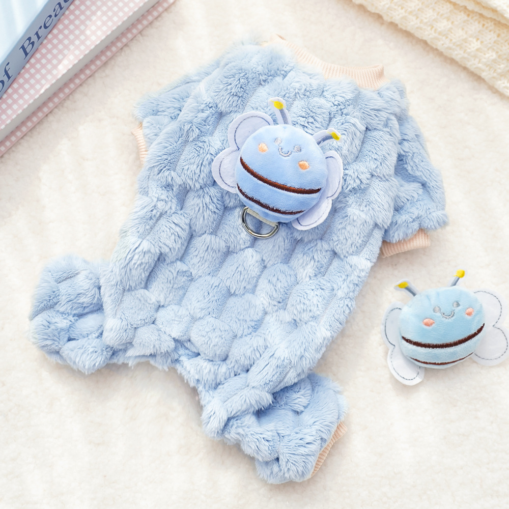 立体ミツバチ柄 4足ペットウェア 犬猫兼用 つなぎ 秋冬春用 防寒 保温 厚手 両面フリース ふわふわ とろける肌触り 伸縮性抜群 ストレッチ 着脱簡単 リードフック付き 締めつけゼロ 抜け毛・毛玉・色落ちなし 小型犬 中型犬 20kg以内 カラフル可愛い お散歩快適-Giipet