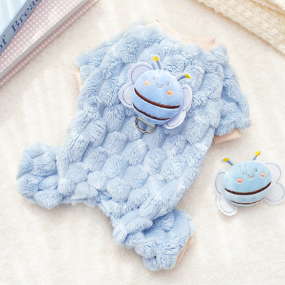 立体ミツバチ柄 4足ペットウェア 犬猫兼用 つなぎ 秋冬春用 防寒 保温 厚手 両面フリース ふわふわ とろける肌触り 伸縮性抜群 ストレッチ 着脱簡単 リードフック付き 締めつけゼロ 抜け毛・毛玉・色落ちなし 小型犬 中型犬 20kg以内 カラフル可愛い お散歩快適-Giipet