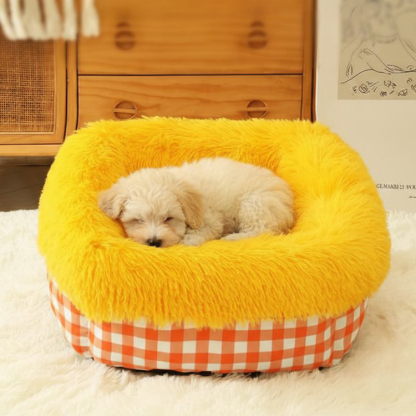長毛ファー深型ペットベッド へたりにくい高反発クッション 丸洗いOK 滑り止め付 全包囲デザインで包み込む安心感 脊椎頸椎保護 ふわふわもこもこ蓄熱保温 暖かい犬猫兼用 子犬・シニアペット対応 オールシーズン-Giipet