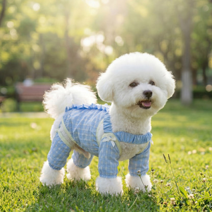 4本脚ロンパース フルカバー 犬服 夏用 つなぎ サロペット  防塵ウェア ドッグウェア 超軽量 通気性抜群 ムレにくい お腹カバー取り外し可能 防虫 防汚 抜け毛対策 散歩 リボン ギンガムチェック 小型犬 中型犬 ペット用品