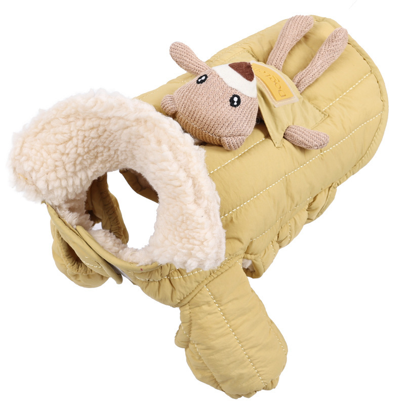 小型犬用極暖ダウン風ジャケット マジックテープ式 5秒着脱 軽量 ボア裏地フリース 防寒コート 韓国トレンド パステルカラー 写真映え 2WAYクマちゃん付き リード穴付き 袖口ゴム お手入れ簡単 ラムウール風素材-Giipet