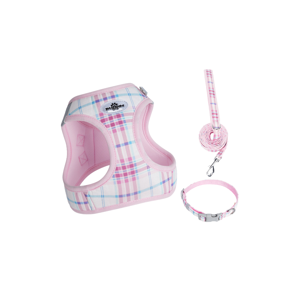 ソフトメッシュチェックハーネス 首轮 3点セット インスタ风 通気性 反射材付き 夜间安全 衝撃分散 ベルクロ调整 抜けにくい 小型犬 中型犬 猫 1.5-14kg対応 お散歩 お出かけ