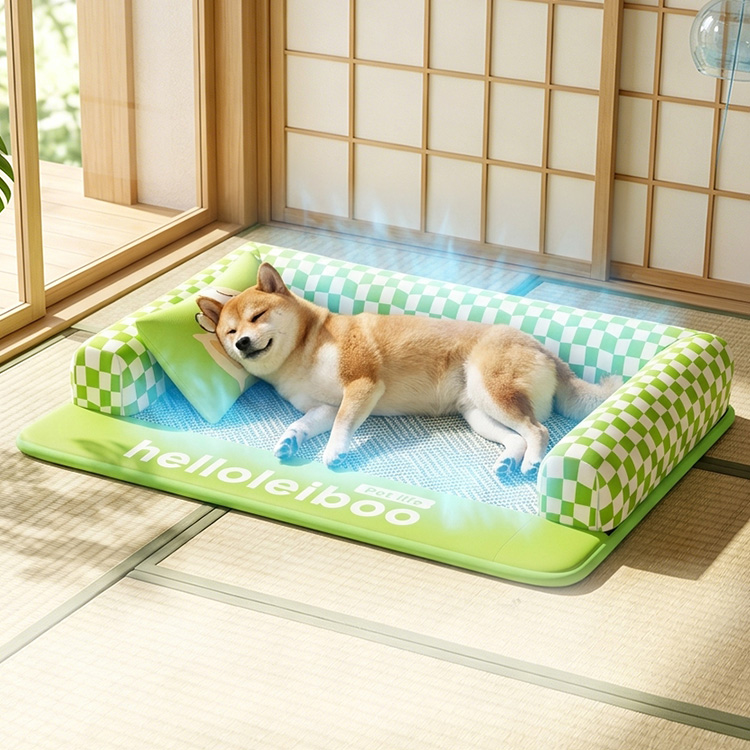 天然ラタンペットベッド クッションガード付き 夏用 接触冷感 犬 猫  瞬間冷感  チェック柄 涼しい 通気性抜群 速乾 梅雨対策 蒸れない 暑さ対策 熱中症対策 あごのせ 丸洗いOK 洗える 室内 中型犬 小型犬 ペット用品