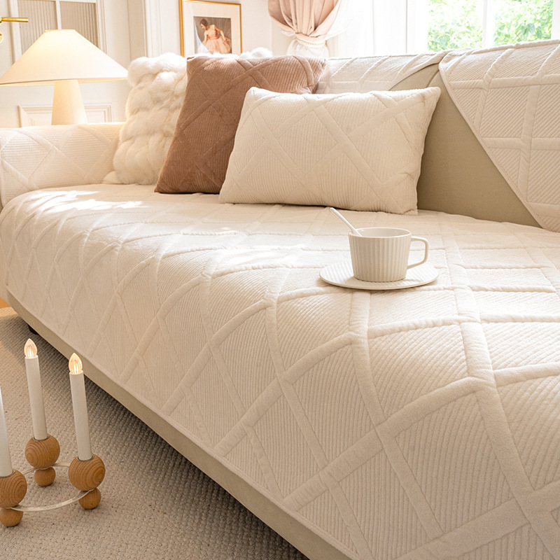 立体チェック柄ふんわり厚手ソファカバー 暖かい 高品質シェニール織り 防塵防ダニ 滑り止め 洗える キルティング加工 犬猫対策 ペット用 ソファー保護カバー 北欧 おしゃれ 無地 多色展開